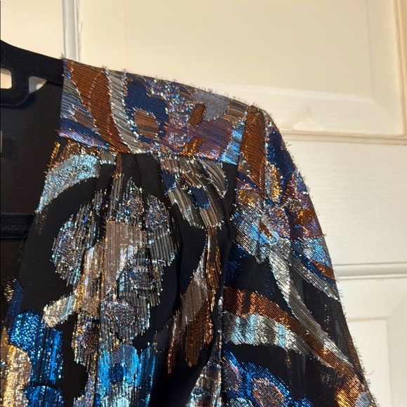 NWOT Gorgeous! Ramy Brook V-neck Wrap Mini Dress Multi Color Metallic on Black - Picture 11 of 14